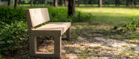 A simple concrete bench sits invitingly on a dirt path surrounded by lush greenery in a peaceful park. Sunlight filters through the trees enhancing the serene atmosphere.の素材