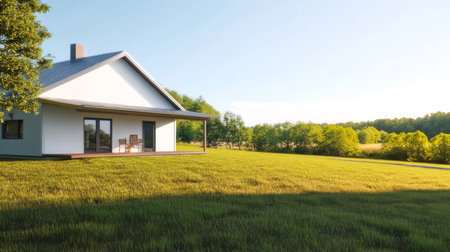 A modern house with a sloped roof stands in a lush green field featuring a spacious porch overlooking a scenic landscape. The sunlight illuminates the vibrant foliage and open sky.の素材