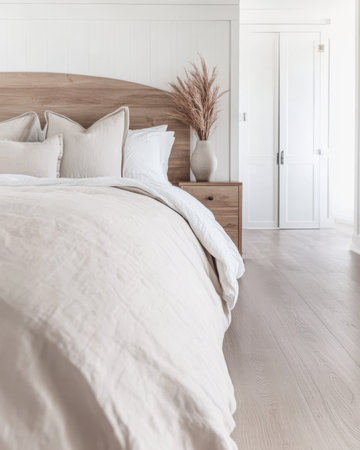 Soft bedding in a serene bedroom setting features natural decor elements. The wooden elements and light colors create a peaceful atmosphere perfect for relaxation.の素材