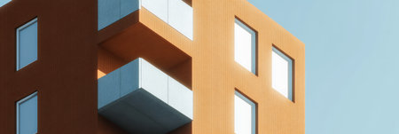 A striking orange building showcases modern architecture with geometric shapes and large square windows. The clear blue sky serves as a vibrant backdrop accentuating the buildings unique features.の素材
