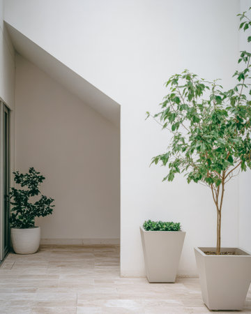 A modern courtyard features minimalist design elements with two potted plants against white walls. The bright indoor space creates a serene atmosphere and showcases natural beauty.の素材
