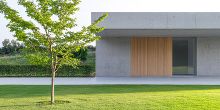 A contemporary building featuring a smooth concrete exterior and warm wooden accents sits amidst a lush green lawn and trees. The design emphasizes minimalism and harmony with nature.の素材