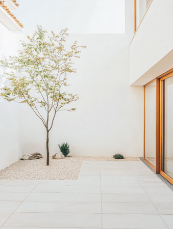 A serene courtyard featuring a solitary tree and gravel landscaping. White walls surround the area enhancing the minimalist aesthetic. Natural light floods in creating a calming atmosphere.の素材
