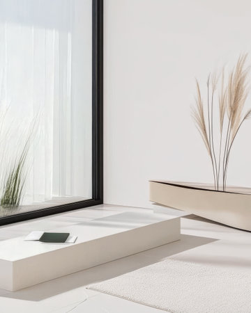 Spacious room with a minimalist design showcasing a large window letting in natural light soft furnishings and natural decor that creates a serene atmosphere.の素材
