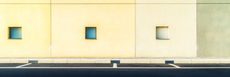 A modern architectural structure features colorful walls in shades of yellow and green with square serene windows.の素材