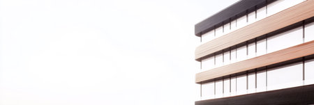 A contemporary structure features sleek lines and wooden accents. It stands prominently against a bright sky emphasizing its modern design and minimalist aesthetic.の素材