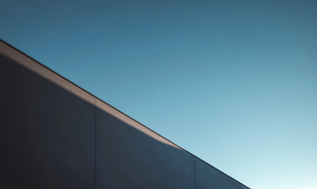 A sleek building corner sharply meets the expansive blue sky during sunset creating an engaging visual contrast that highlights modern architectural elements and natural beauty.の素材