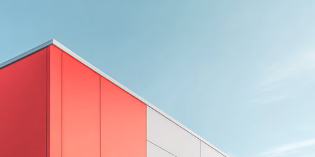 A contemporary building showcases a striking red and white facade under a clear blue sky. The geometric lines and colors contrast beautifully against the evening light creating a vibrant atmosphere.の素材