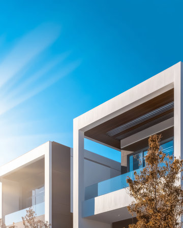 Bright sunlight highlights the sharp angles and sleek design of contemporary buildings. The clear blue sky serves as a backdrop showcasing the beauty of modern architecture.の素材