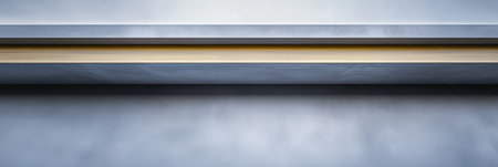 A horizontal wooden strip rests against a smooth textured gray surface. The natural grain of the wood contrasts with the muted tones of the background creating a minimalist aesthetic.の素材