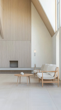 A contemporary living room featuring a light wooden chair and a round table. The high ceiling creates an airy atmosphere complemented by large windows allowing plenty of sunlight.の素材
