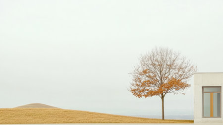 A solitary tree with autumn leaves stands beside a contemporary structure. The landscape features rolling hills and a muted sky creating a calm and peaceful environment.の素材
