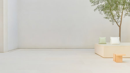Spacious area featuring light-colored flooring and walls a small tree and minimalist seating with soft cushions. The design emphasizes tranquility through simplicity and natural elements.の素材