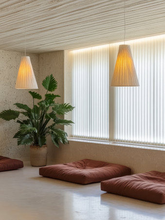 Soft cushions are arranged on a polished floor under warm lighting. Tall plants and soft textures create a calming atmosphere ideal for unwinding and enjoying the serenity.の素材