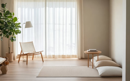 Natural light floods a minimalist living space featuring a woven chair cushions and a small wooden table. The soft curtains enhance the serene atmosphere of the room.の素材