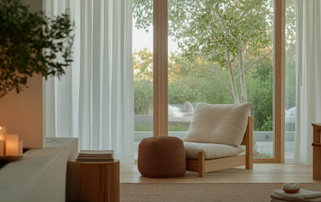 A minimalistic seating area featuring a comfy chair and a pouf illuminated by soft natural light. Lush greenery is visible outside through large glass windows enhancing the serene ambiance.の素材