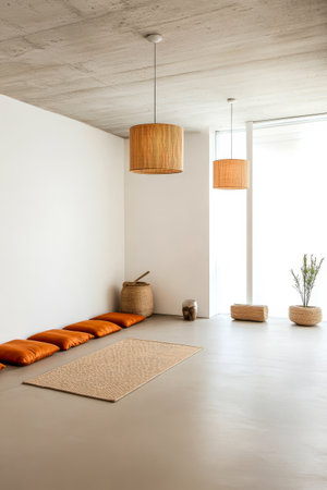 A modern room features warm orange cushions lined against a wall with natural light filtering through large windows. Simple decorations like plants and handmade baskets create a serene atmosphere.の素材