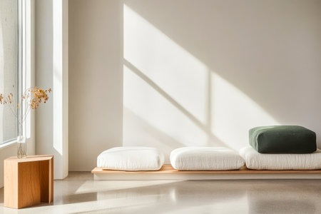 Soft cushions in neutral colors are arranged on a wooden platform in a bright minimalist room. Sunlight casts shadows across the smooth floor enhancing the calming atmosphere.の素材