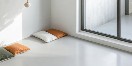 In a minimalist indoor space colorful decorative pillows are arranged on a light floor near a large window. Natural light streams in enhancing the serene atmosphere.の素材