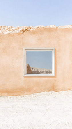 A simple window frame reflects distant dunes and a clear blue sky. The wall surrounding it exhibits a soft peach color. This tranquil view captures the essence of the serene desert environment.の素材