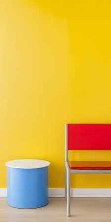 A vibrant yellow wall sets the backdrop for a modern seating area featuring a red bench and a round blue table. The minimalist setup highlights bold color contrasts and simplicity.の素材