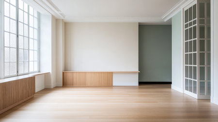 A spacious room showcases modern minimalist design with large windows allowing natural light. Wooden accents enhance the simple elegance of the space creating a serene environment.の素材