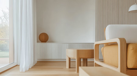 A bright and airy living room showcases minimalist furniture with soft colors. Large windows let in natural light enhancing the cozy atmosphere created by the elegant decor.の素材