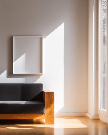 A minimalist living room features a sleek black sofa with a wooden armrest. Sunlight streams through a large window illuminating the space and creating interesting shadows on the wall.の素材