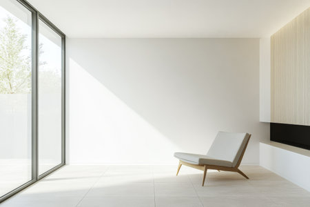 Bright and spacious interior features modern minimalist design with a single cozy chair large windows letting in natural light and a calming atmosphere perfect for relaxation and contemplation.の素材
