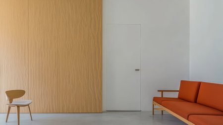 A stylish living space showcases a minimalist design with a bright orange sofa chic wooden chair and textured wall. The neutral color palette creates a calm and inviting atmosphere.の素材
