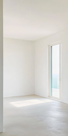 A minimalistic interior space features white walls and a large window allowing natural light. The ocean can be seen through the window creating a serene atmosphere.の素材