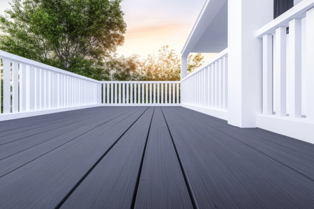 A modern deck stretches into the foreground highlighting clean lines and a smooth surface. Lush greenery surrounds the area while a warm sunset casts a gentle glow on the scene.の素材