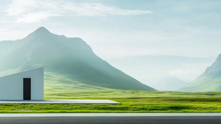A modern minimalist building sits near a vast green field surrounded by majestic mountains in soft daylight. The peaceful scene showcases natures beauty and architectural simplicity.の素材