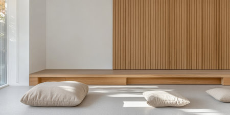 A serene interior space featuring wooden paneling and soft cushions scattered on a smooth light-colored floor. Natural light brightens the area creating a peaceful atmosphere for relaxation.の素材