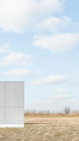 A stark white concrete structure stands prominently in a grassy field under a clear blue sky. Soft clouds provide a serene backdrop enhancing the minimalistic atmosphere of the landscape.の素材