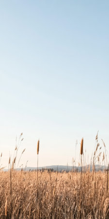 A vast field filled with tall golden grass reaches toward a clear blue sky.の素材