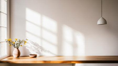 Sunlight filters through a window casting gentle shadows on a wooden counter. A simple vase with flowers sits alongside a small bowl creating a serene atmosphere in the room.の素材