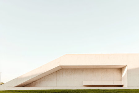 A modern building showcases angular lines and a smooth concrete facade against a clear sky. Green grass frames the structure emphasizing its minimalist style in an open environment.の素材