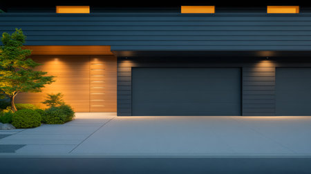 A contemporary house exterior features minimalist architecture with dark siding and wooden accents. The warm glow from lights highlights the entrance and garage doors during twilight.の素材