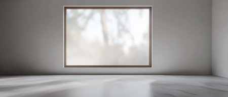 Soft light filters through a large semi-translucent window in a spacious minimalistic room. This serene atmosphere creates a peaceful ambiance suitable for relaxation or creativity.の素材