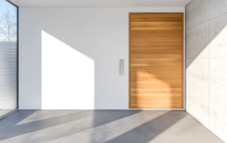 Bright interior showcases a minimalistic wooden door against a smooth concrete wall. Natural light streams through casting shadows on the polished floor enhancing the modern aesthetic.の素材