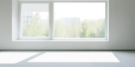 A spacious room features large windows allowing ample natural light to flood in. The view outside reveals lush green trees creating an inviting and tranquil atmosphere.の素材