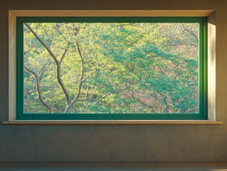 Natural light filters through a spacious window illuminating a modern room. Outside vibrant green trees sway gently in the breeze creating a peaceful serene atmosphere.の素材