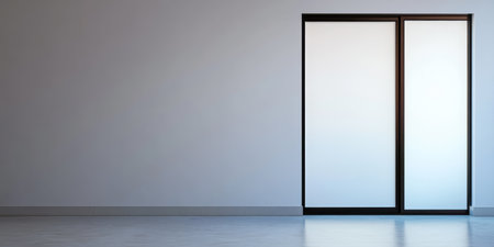 A sliding door stands in a minimally decorated room with plain walls and a smooth floor. The design emphasizes simplicity and modernity creating an open and airy atmosphere.の素材