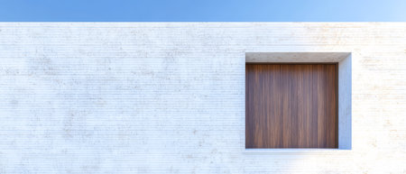 A minimalist concrete wall showcases a large wooden window blending natural and modern elements. The clear blue sky above enhances the simplicity and elegance of the architecture.の素材