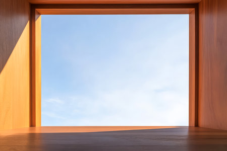 A rectangular window showcases a bright blue sky framed by warm wooden edges. The sunlight enhances the wooden textures creating a peaceful atmosphere ideal for reflection.の素材