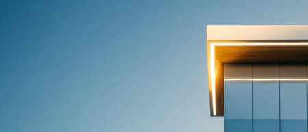 A contemporary structure features a sleek edge illuminated by warm light contrasting sharply with the bright blue sky. This design showcases innovative architecture that stands out.の素材