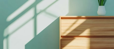 Sunlight filters through a window creating intricate shadows on a wooden dresser. A small potted plant adds a touch of greenery to the modern interior design.の素材