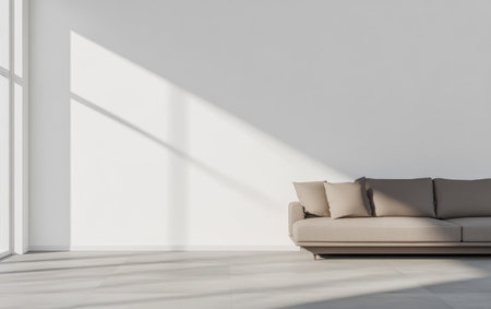 A bright living room features a light-colored sofa against a plain wall. Sunlight streams through large windows creating soft shadows on the floor enhancing the minimalist design.の素材