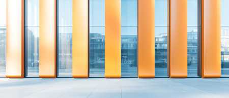 Bright orange vertical panels contrast with clear glass walls in a contemporary urban environment. The minimalist design showcases sleek lines and an inviting space filled with natural light.の素材